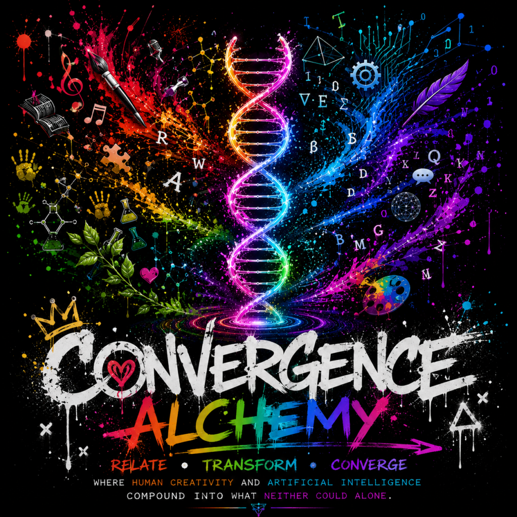 Convergence Alchemy artwork: a glowing multicoloured DNA helix rising through paint splashes, musical notes, laboratory flasks, letters, circuitry and mathematical symbols, with graffiti lettering reading Convergence Alchemy and the words Relate, Transform, Converge.