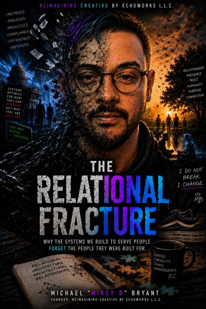 Book cover for The Relational Fracture by Michael “Mikey B” Bryant. A man’s face is split down the middle: one half cracking apart into fragments beside a grey institutional building and struck-through words reading metrics, policies, processes, compliance, efficiency and outputs; the other half warmly lit at sunset beside families and the words relationship, presence, trust, humanity, purpose and connection.